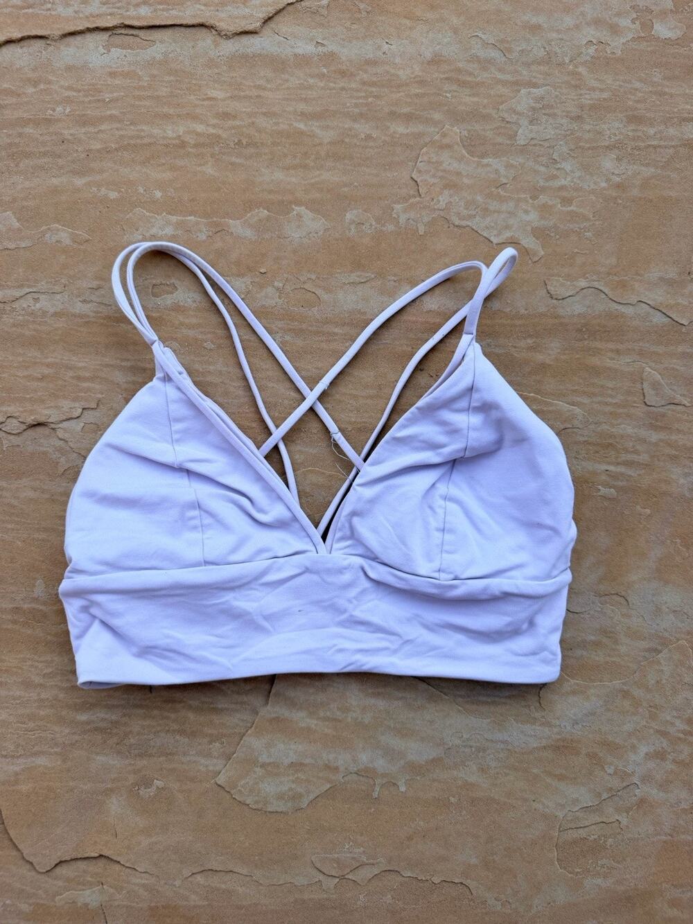 Lululemon Pushing Limits Sports Bra Women 8 Light Pink Stretch Strappy Open Back